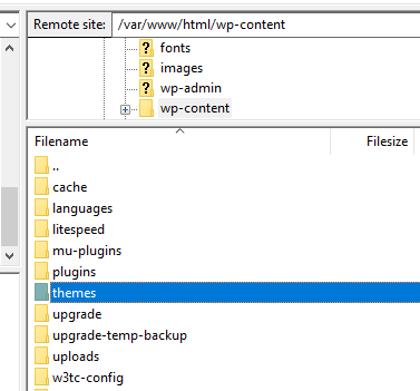 Пользовательский интерфейс FileZilla, показывающий папки сайта WordPress