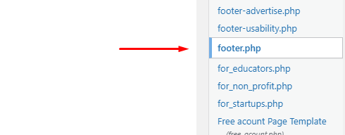 Вибір файлу 'footer.php' зі списку файлів теми