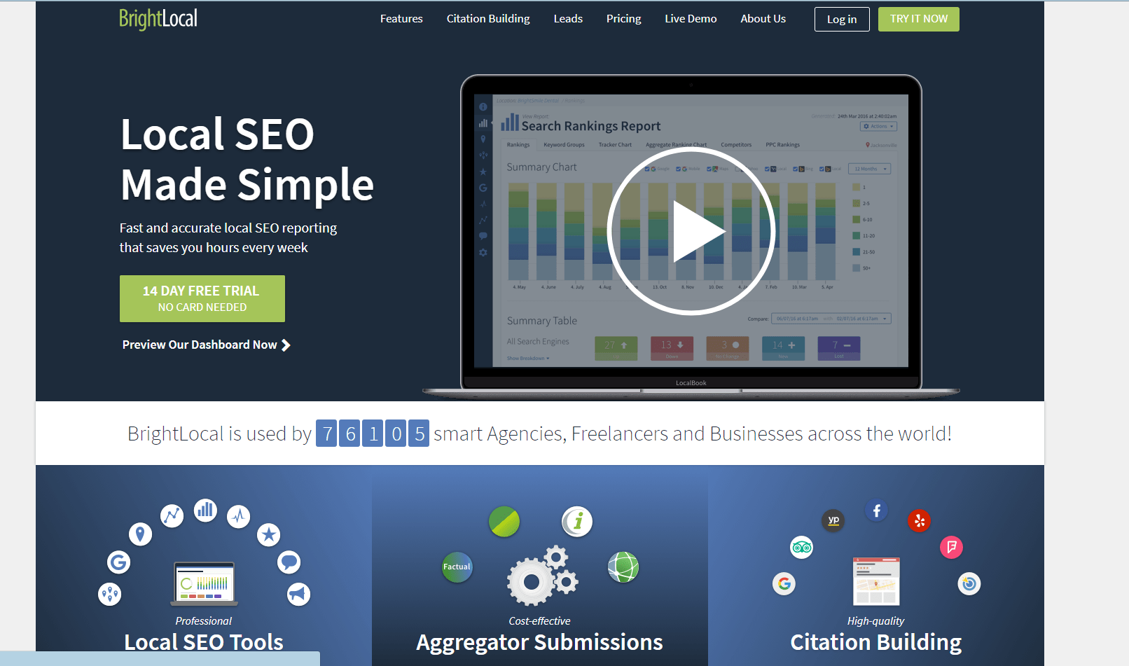 BRIGHTLOCAL. Local Citation building. SEO умного фильтра Интерфейс.