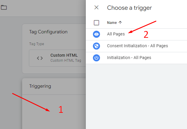 Скриншот: Настройка триггера для тега в GTM