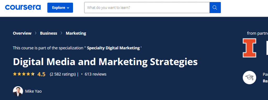 Cours sur les stratégies de médias numériques et marketing sur Coursera