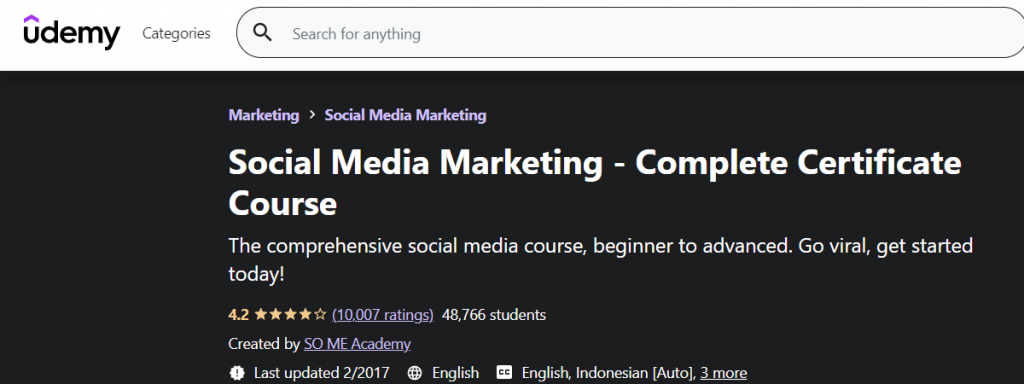 Cours de marketing sur les réseaux sociaux sur Udemy