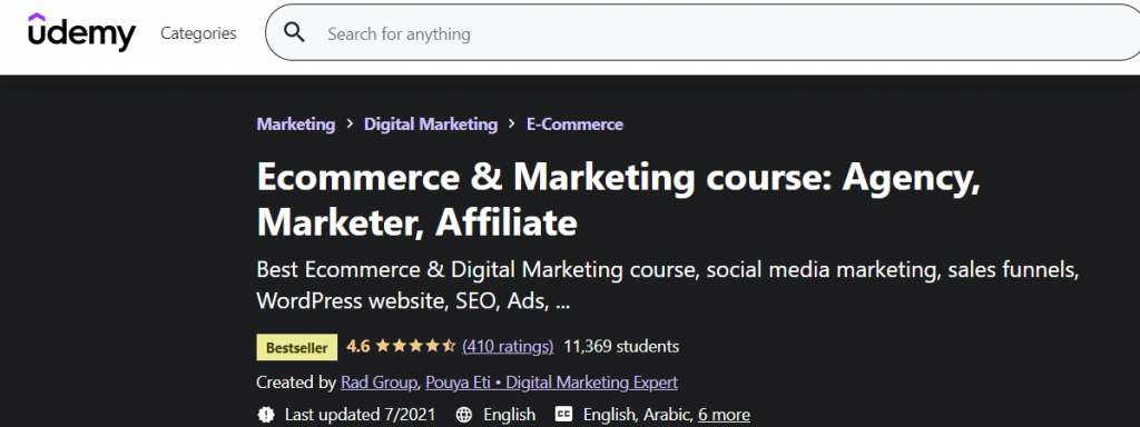 Cours de marketing E-commerce sur Udemy