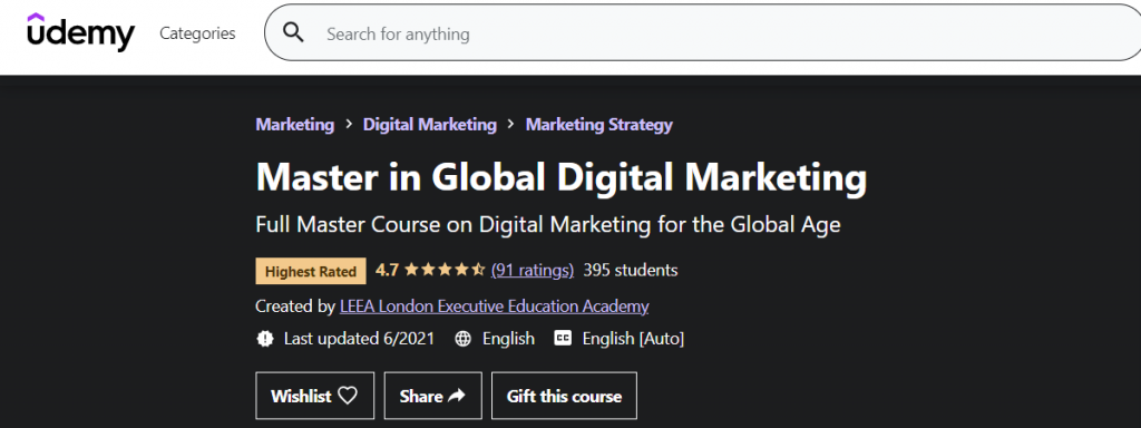 Maîtrise en Marketing Digital Mondial sur Udemy