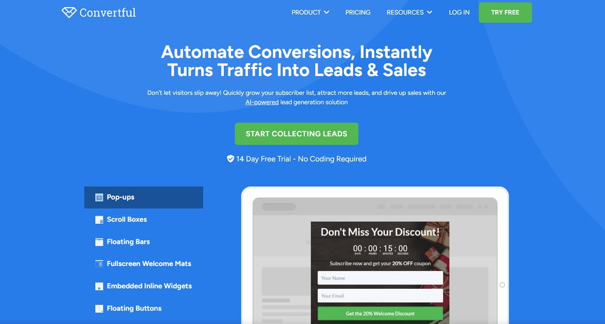 Convertful lead capture widgets and gamified popups alternative to Getsitecontrol