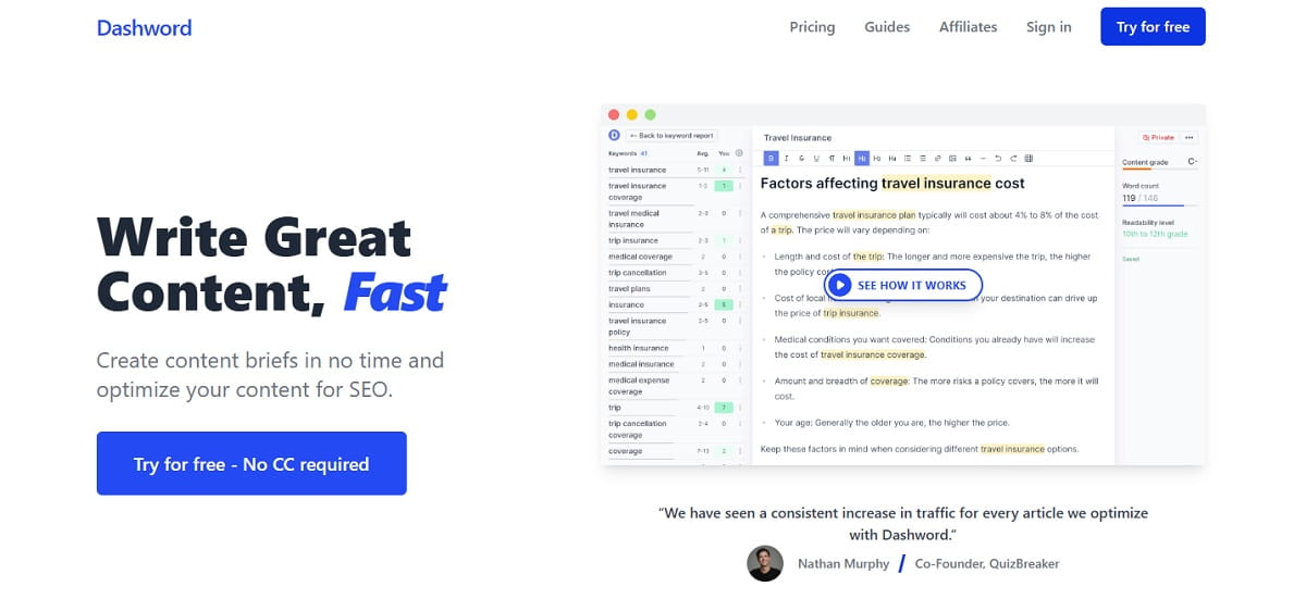Dashword SEO Content Brief And Optimization Tool