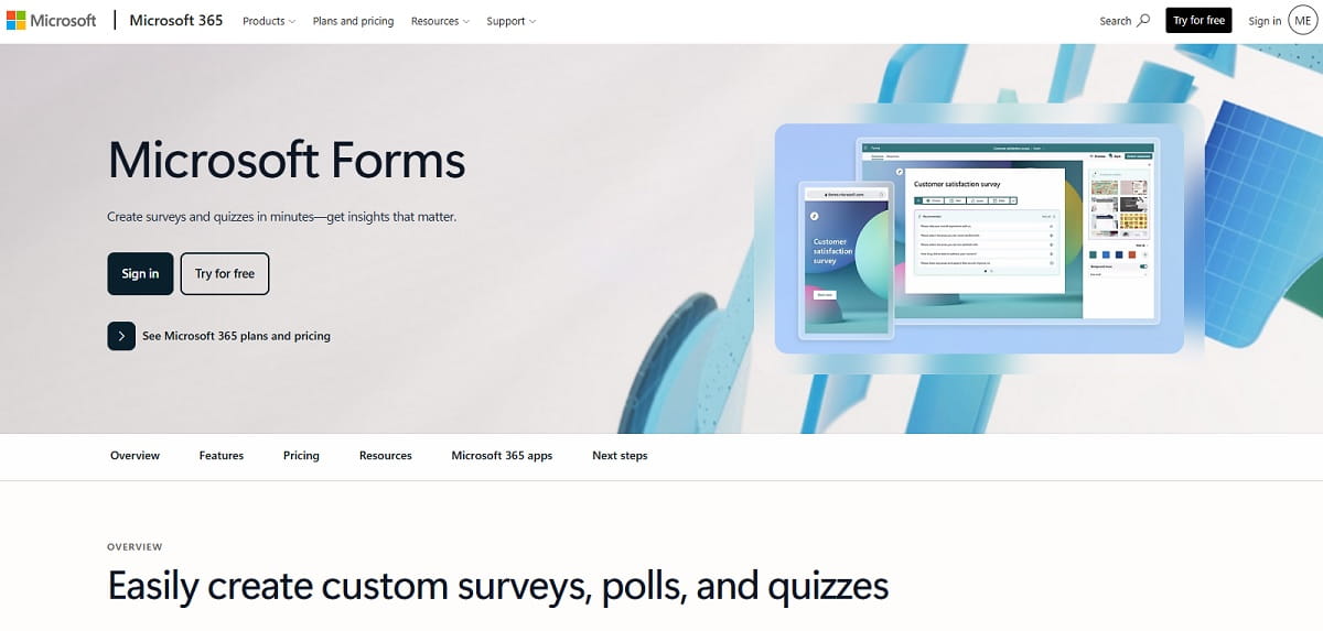 Microsoft Forms survey builder with branching and real-time response charts
