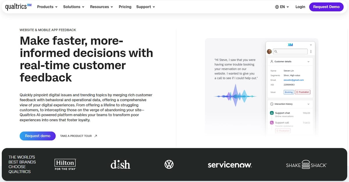 Qualtrics website and app feedback dashboard for digital experience analysis