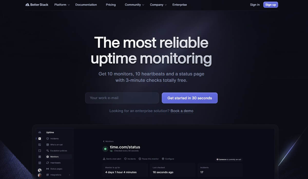 Better Stack uptime monitoring dashboard with incidents and status information