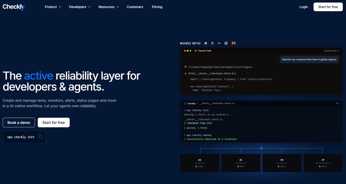 Checkly synthetic website monitoring dashboard with browser and API checks