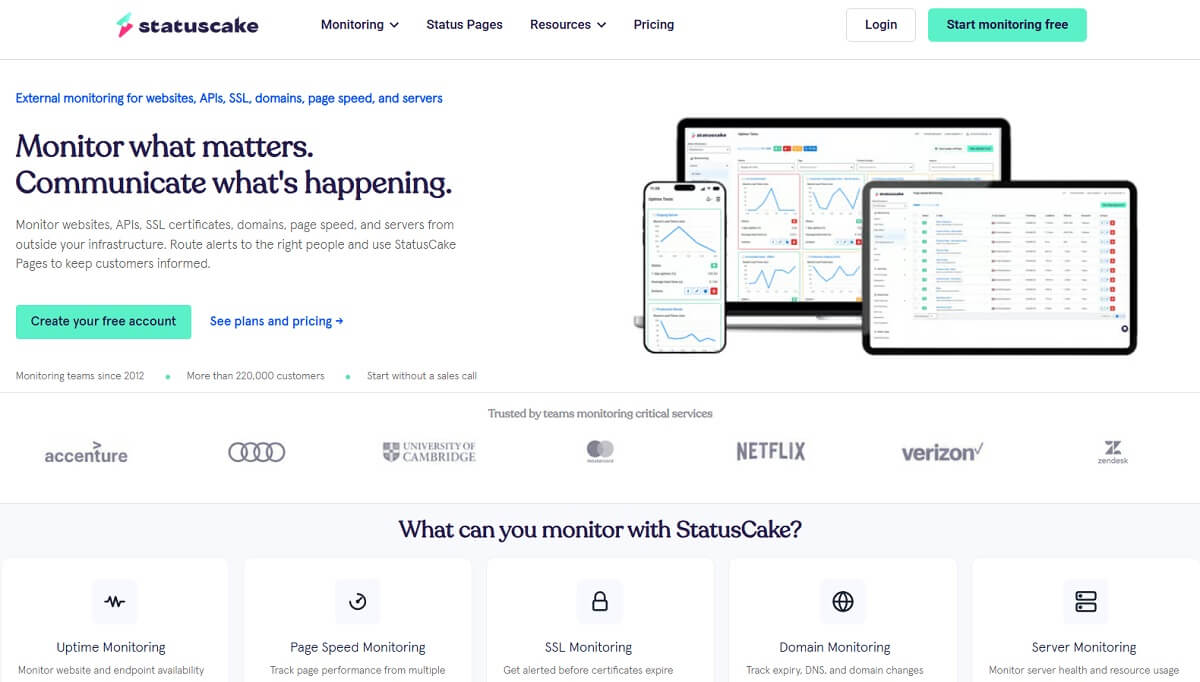 StatusCake dashboard showing website uptime, SSL, and page speed monitoring