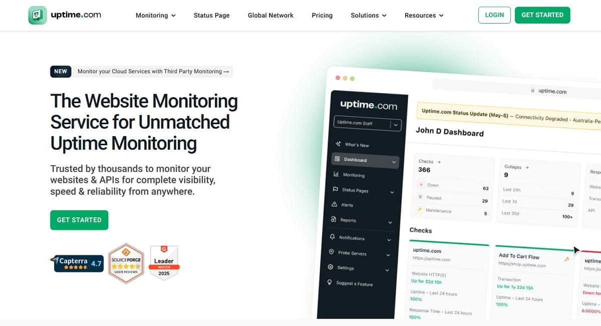 Uptime.com website availability dashboard with uptime and transaction monitoring