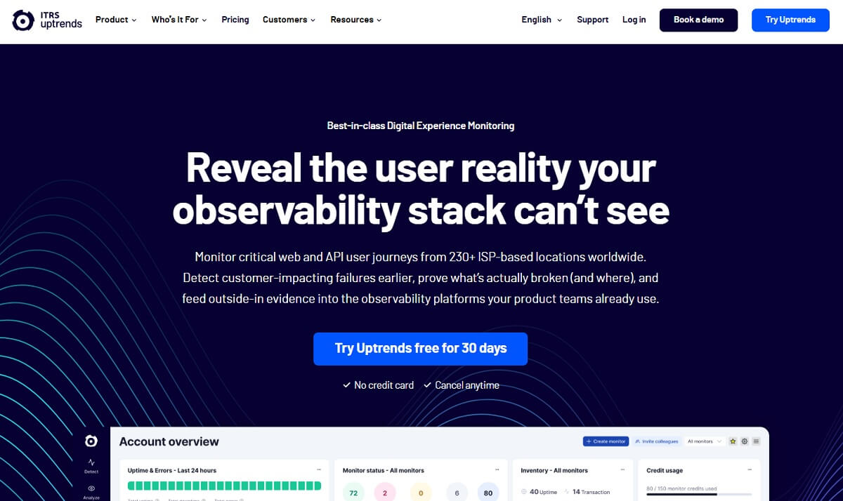 Uptrends website monitoring dashboard showing global uptime and transaction checks