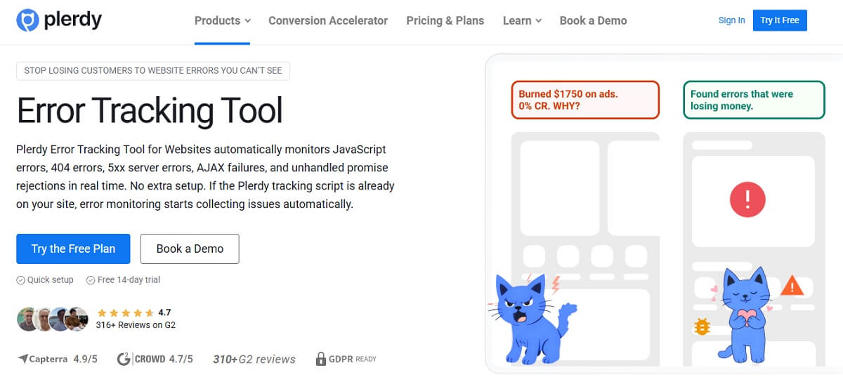 Plerdy website error tracking dashboard showing affected sessions, pages, devices, and browsers