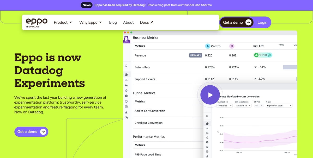 Eppo by Datadog experimentation metrics and statistical results view