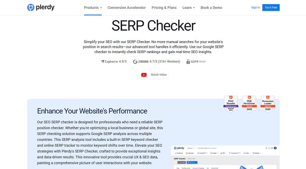 Plerdy SERP checker for keyword position monitoring
