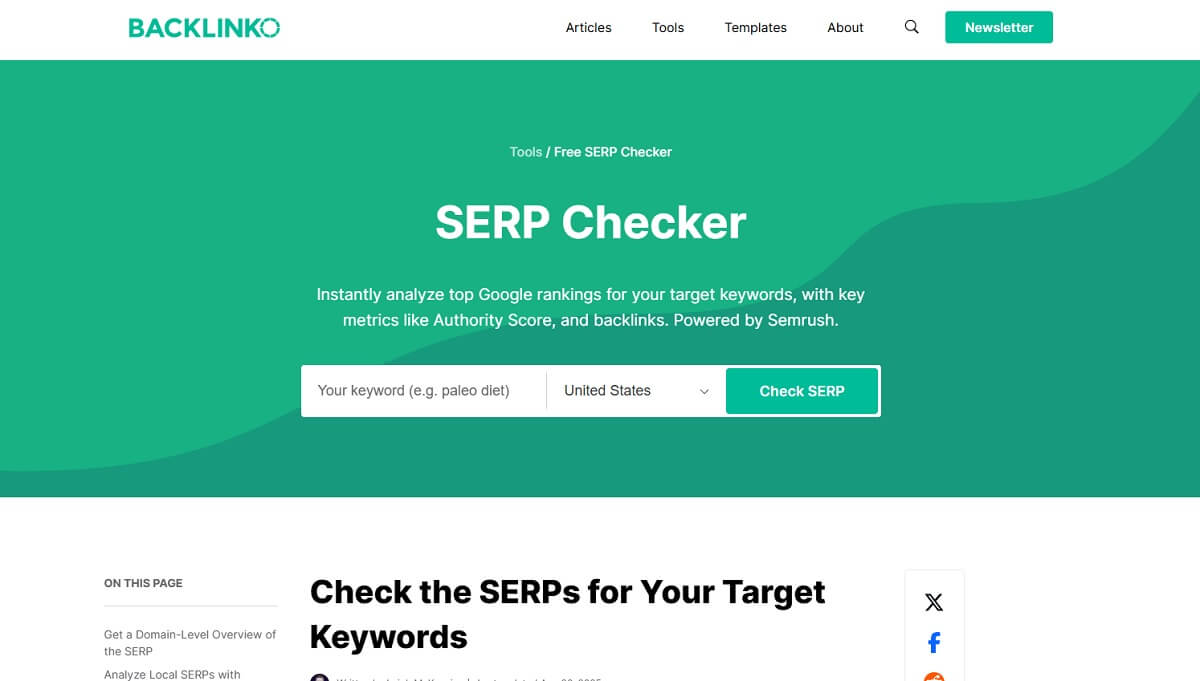 Backlinko free SERP checker powered by Semrush