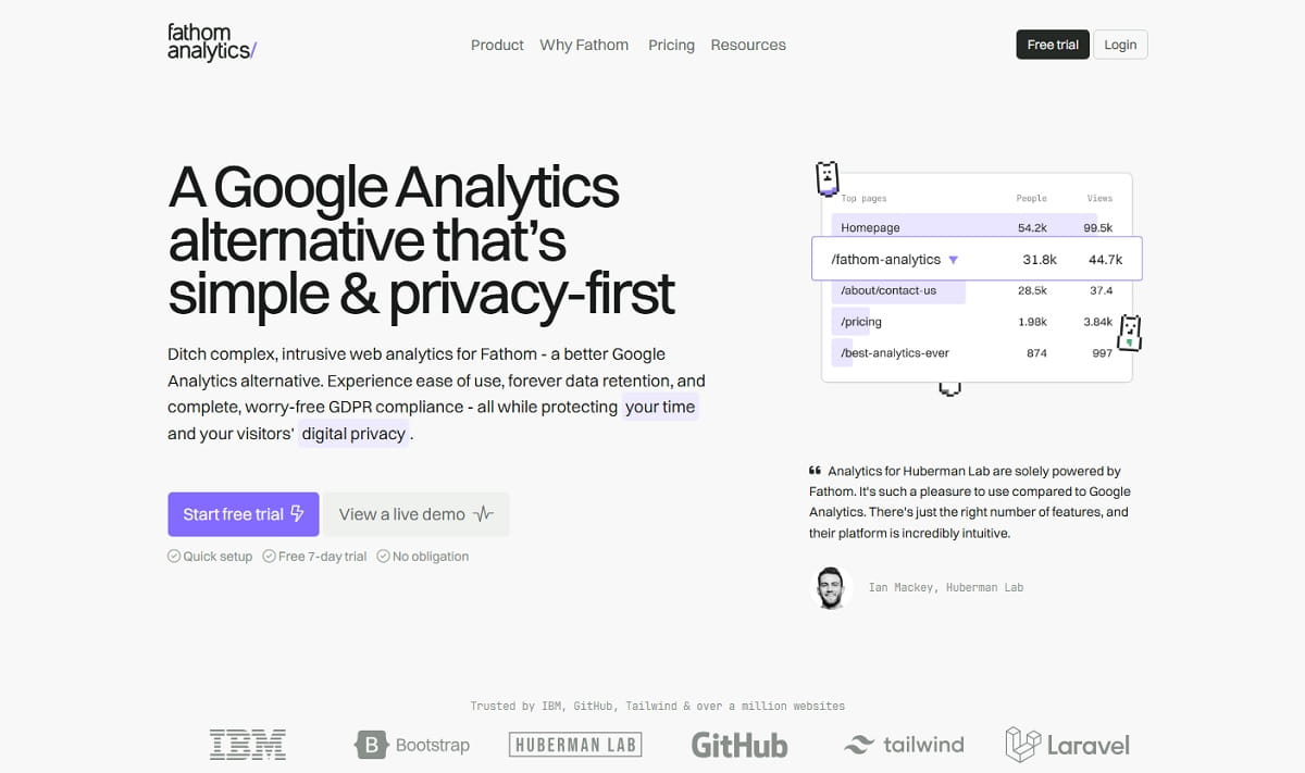 Fathom Analytics dashboard with website traffic, referrers, and event data