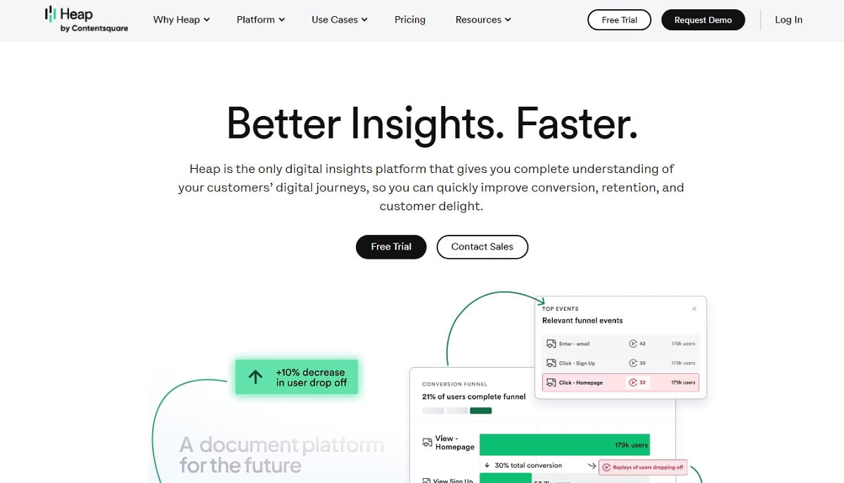 Heap dashboard showing automatically captured website events and user journeys