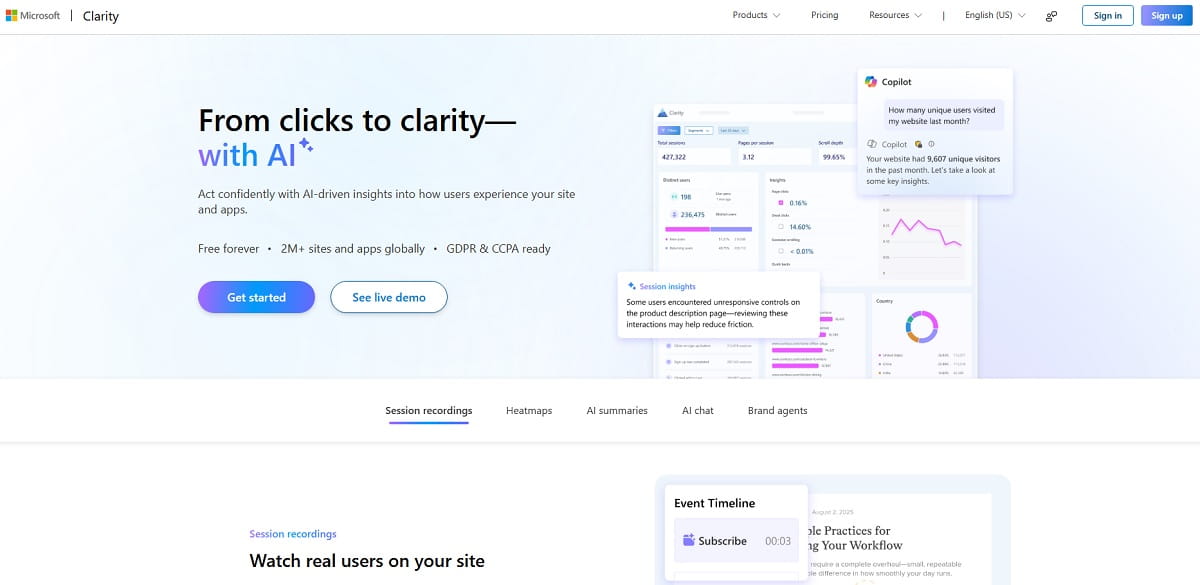 Microsoft Clarity dashboard with heatmaps, session recordings, and rage-click insights