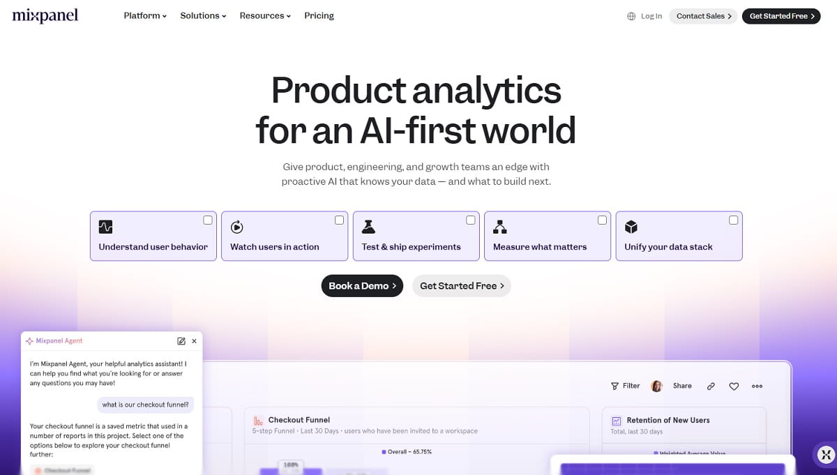 Mixpanel dashboard showing conversion funnels, user cohorts, and retention