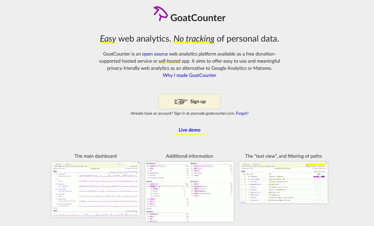 GoatCounter minimal open-source analytics dashboard for a personal blog