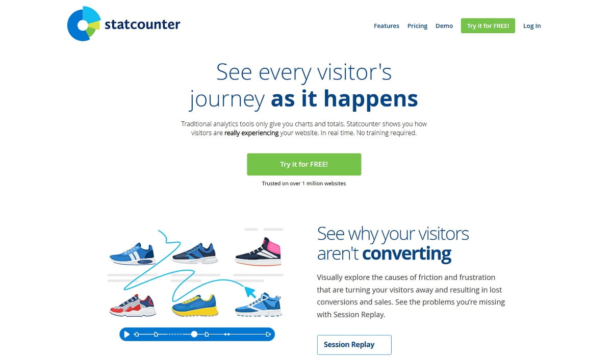 Statcounter visitor log showing page paths and referrers for a small site