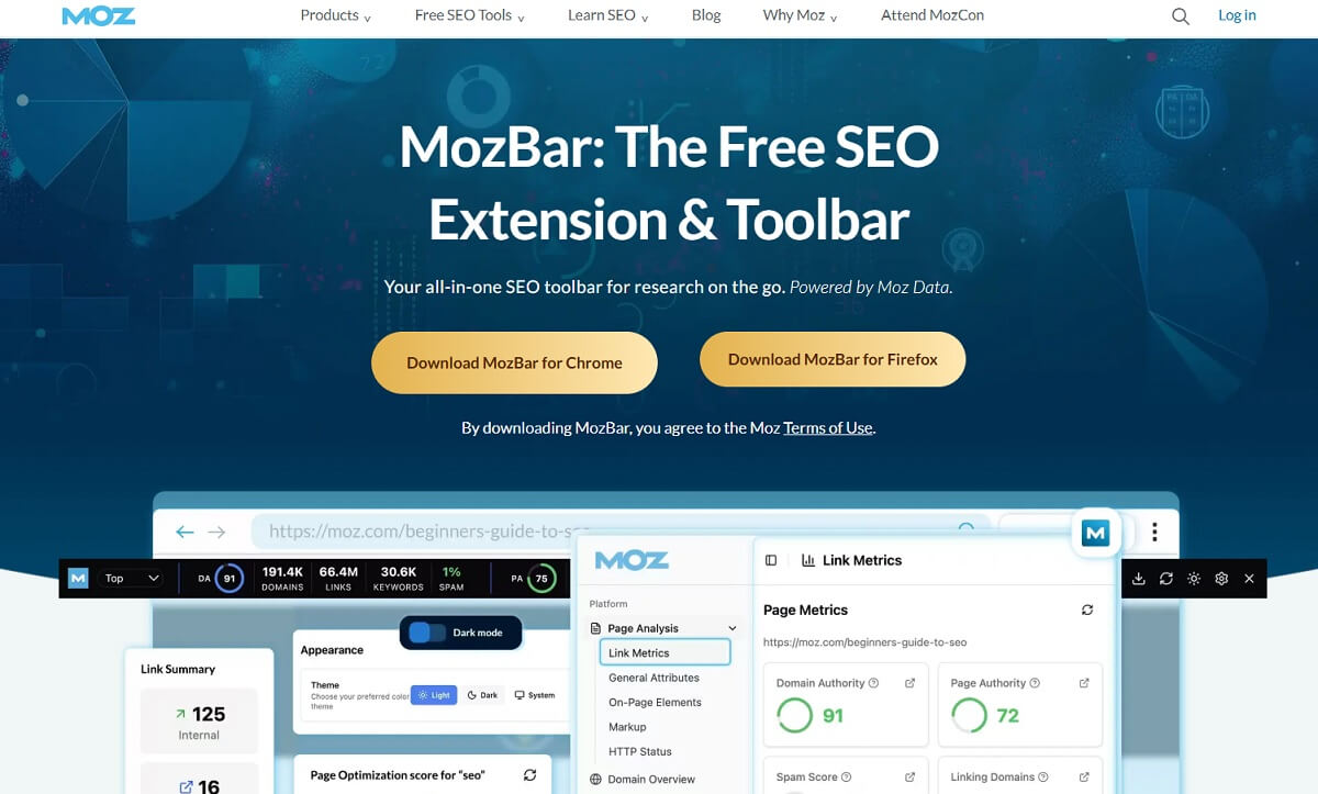 MozBar SEO metrics displayed in Google search results