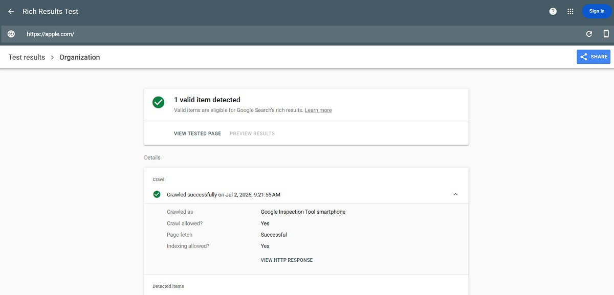 Google Rich Results Test structured data validation