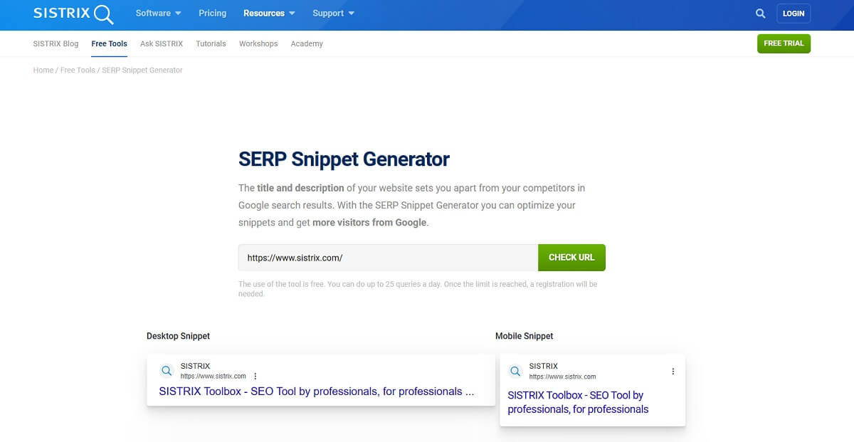 SISTRIX SERP snippet generator preview