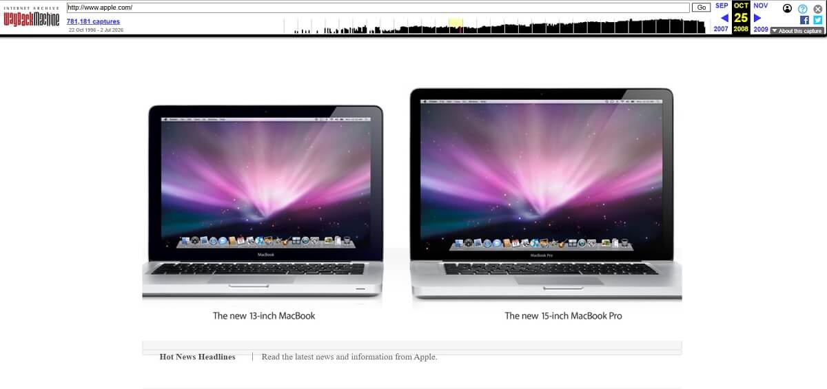 Wayback Machine archived website page history