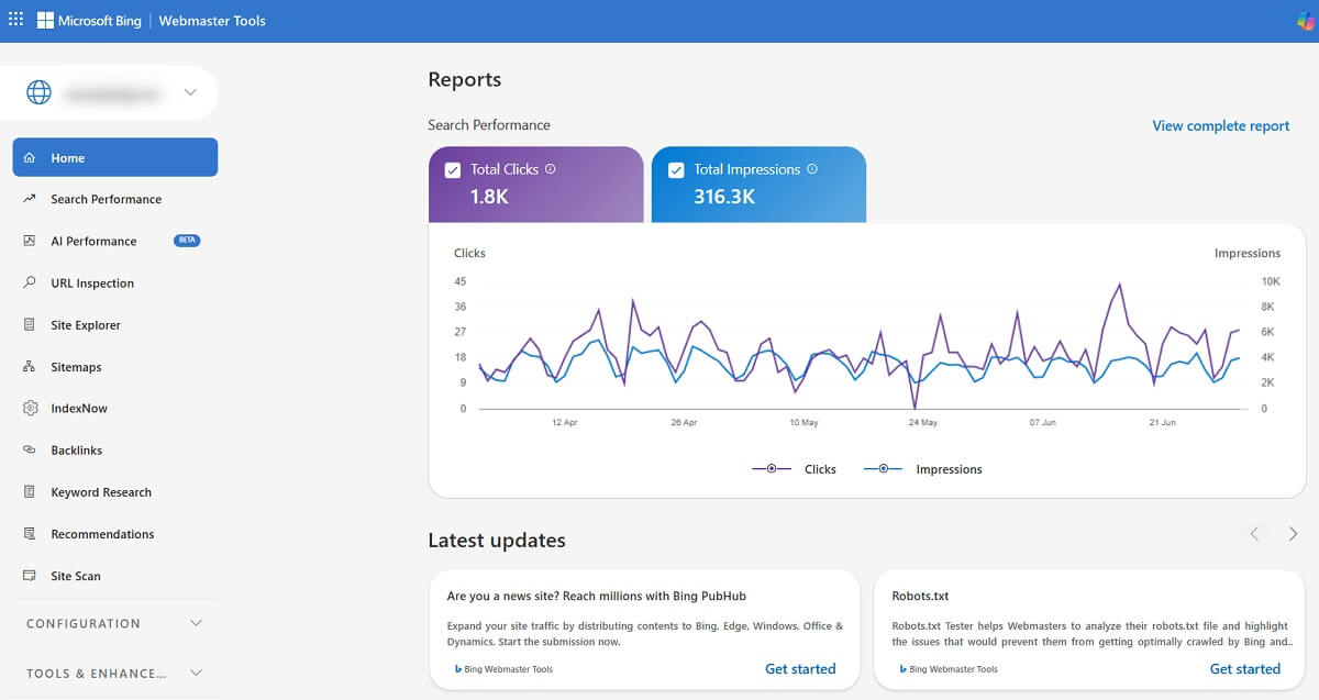 Bing Webmaster Tools search performance dashboard
