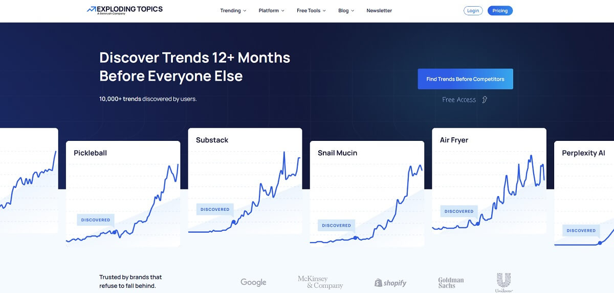 Exploding Topics emerging search trends dashboard