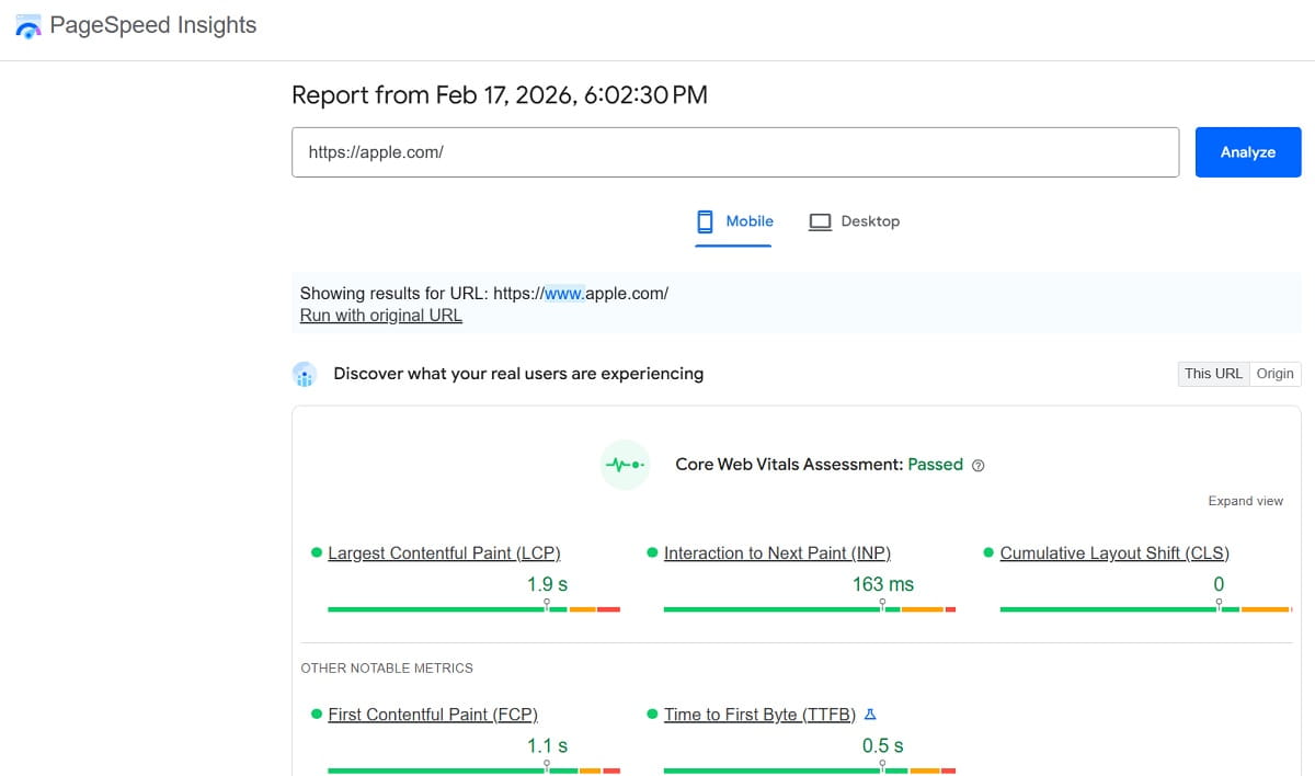Google PageSpeed Insights Core Web Vitals report