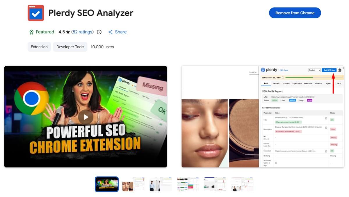 Plerdy free SEO Analyzer showing on-page audit results