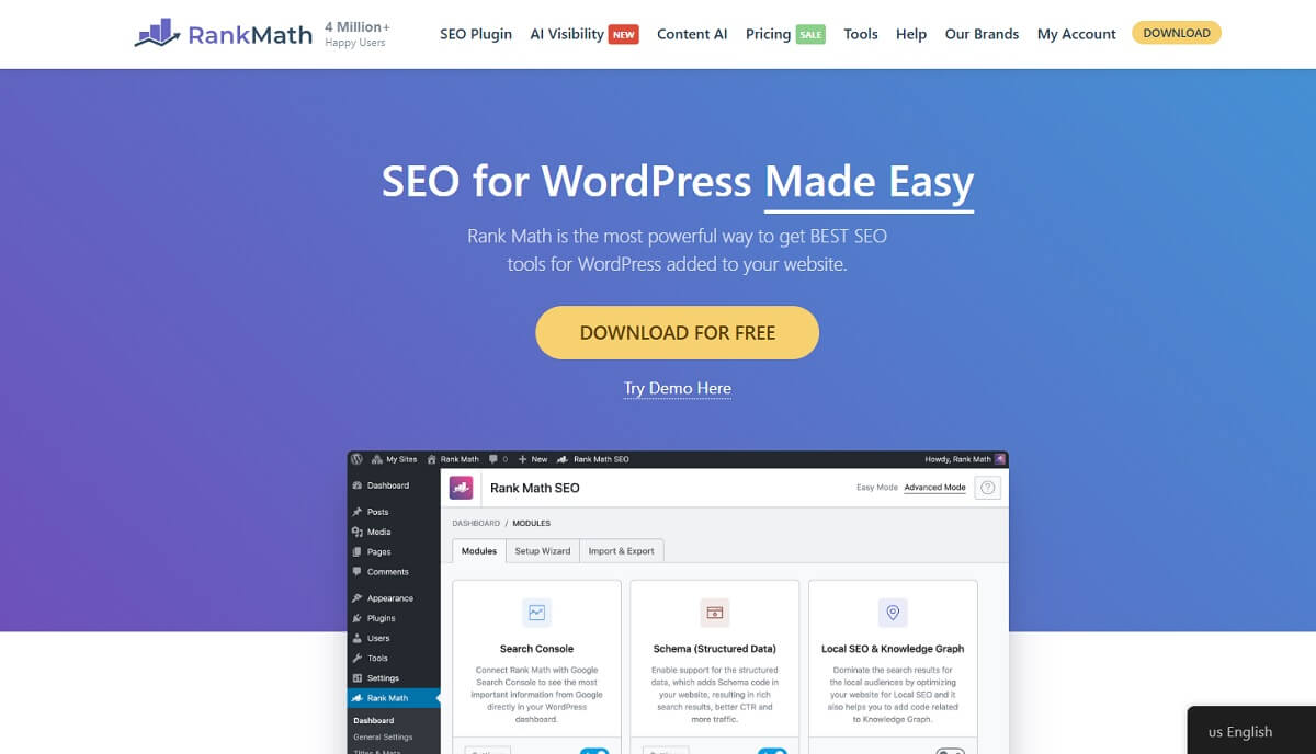 Rank Math WordPress SEO settings and content analysis