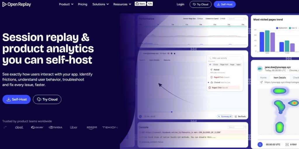 OpenReplay self-hosted, open-source session replay dashboard