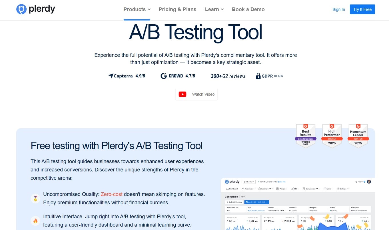 Plerdy A/B Testing Tool as a Google Optimize alternative