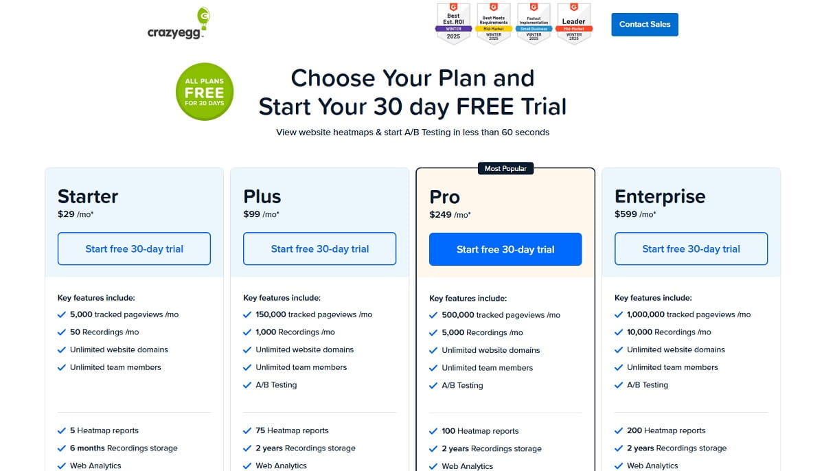 Crazy Egg pricing plans Starter Plus Pro Enterprise