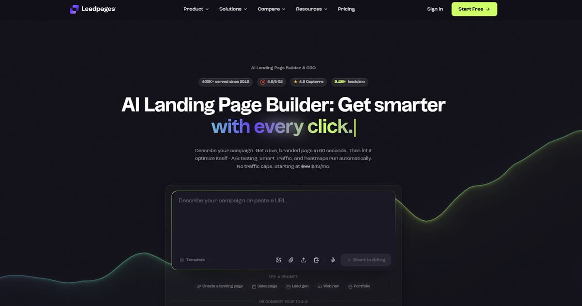 Leadpages landing page editor with an attached pop-up campaign