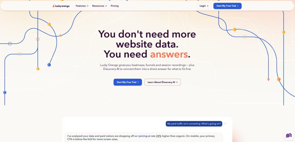 Lucky Orange live visitor view and chat alongside heatmaps