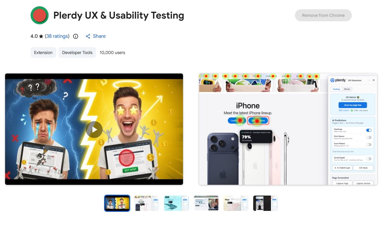 Plerdy browser extension checking predicted click attention and SEO issues on a live page