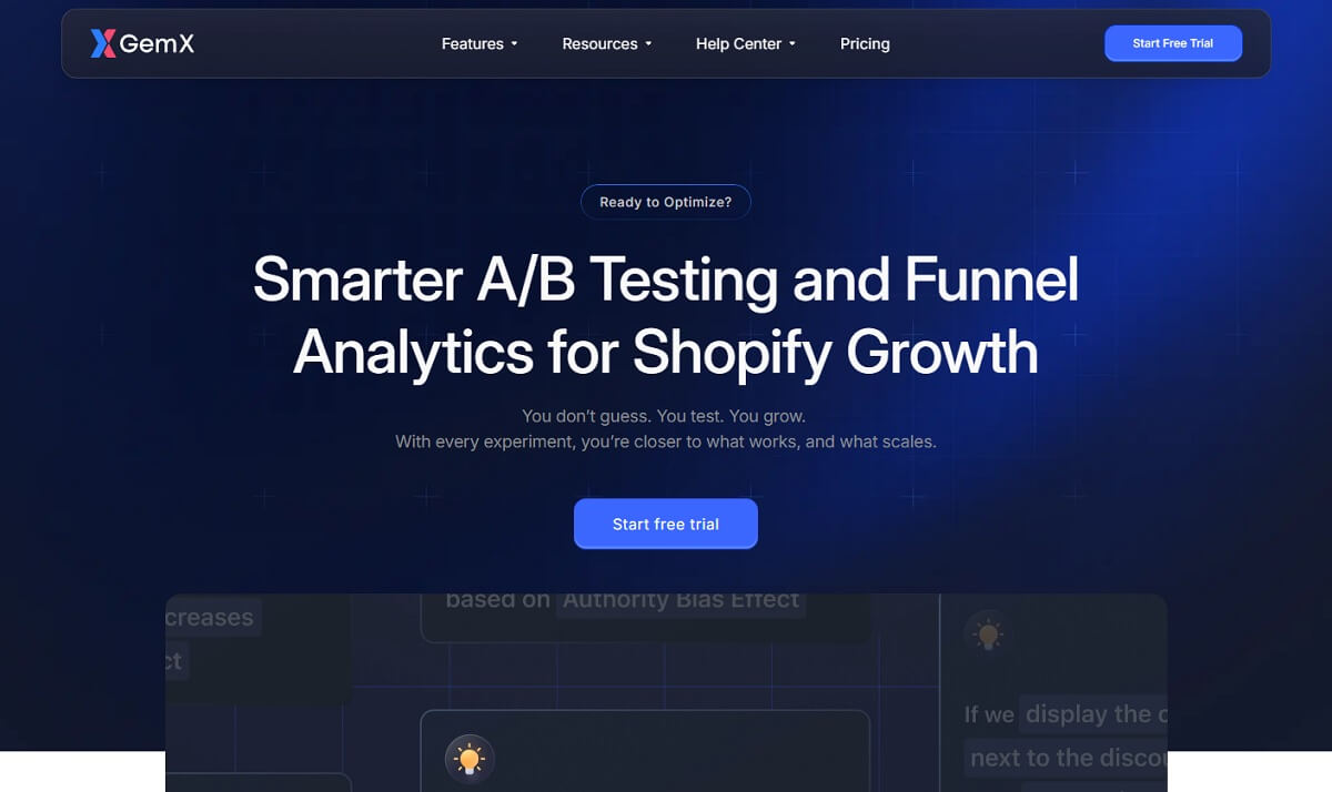 GemX Shopify A/B testing tool for page and funnel experiments
