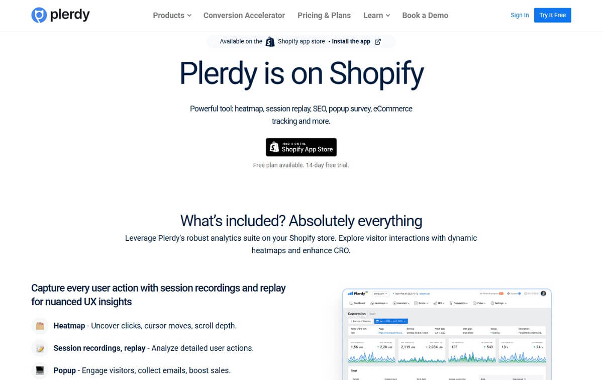 Plerdy Shopify A/B testing and CRO tool for user behavior analytics