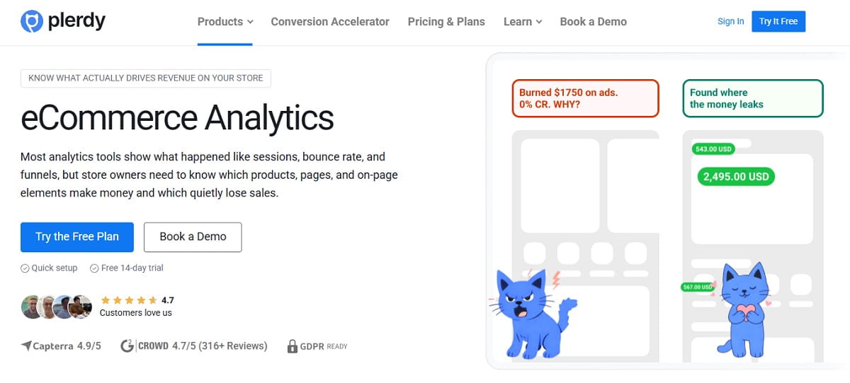 Plerdy ecommerce sales analytics dashboard showing revenue by page and website element