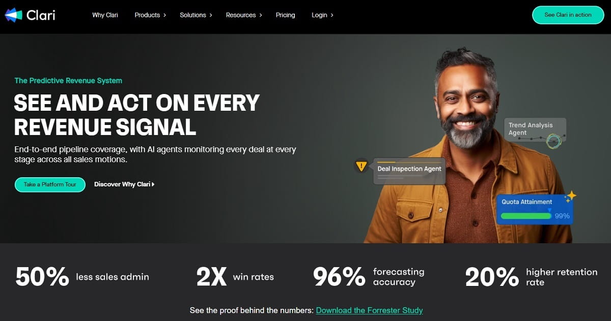 Clari sales forecasting dashboard with pipeline coverage and revenue projections