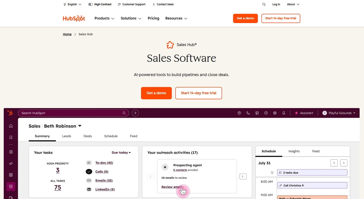 HubSpot Sales Hub dashboard showing deals, sales activities, and team performance