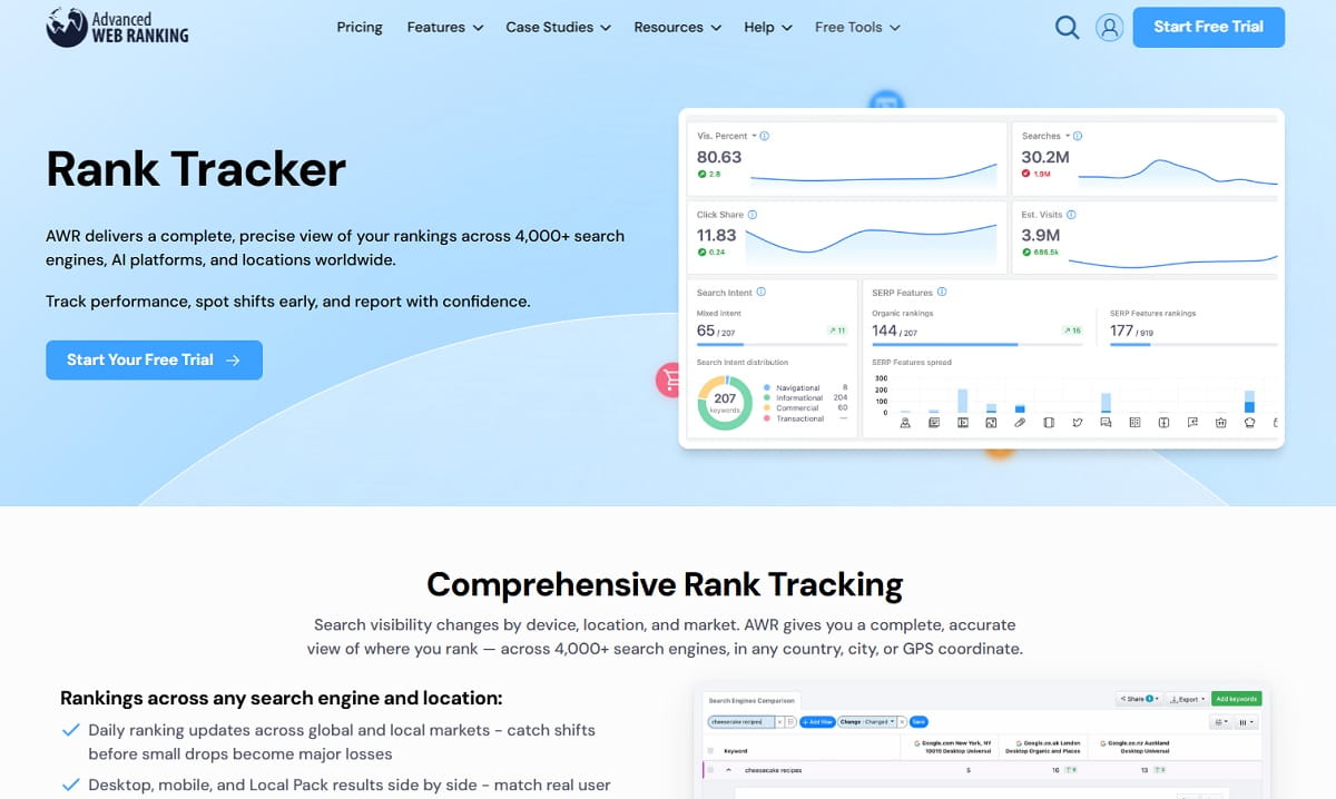 Advanced Web Ranking dashboard with search visibility and competitor rankings