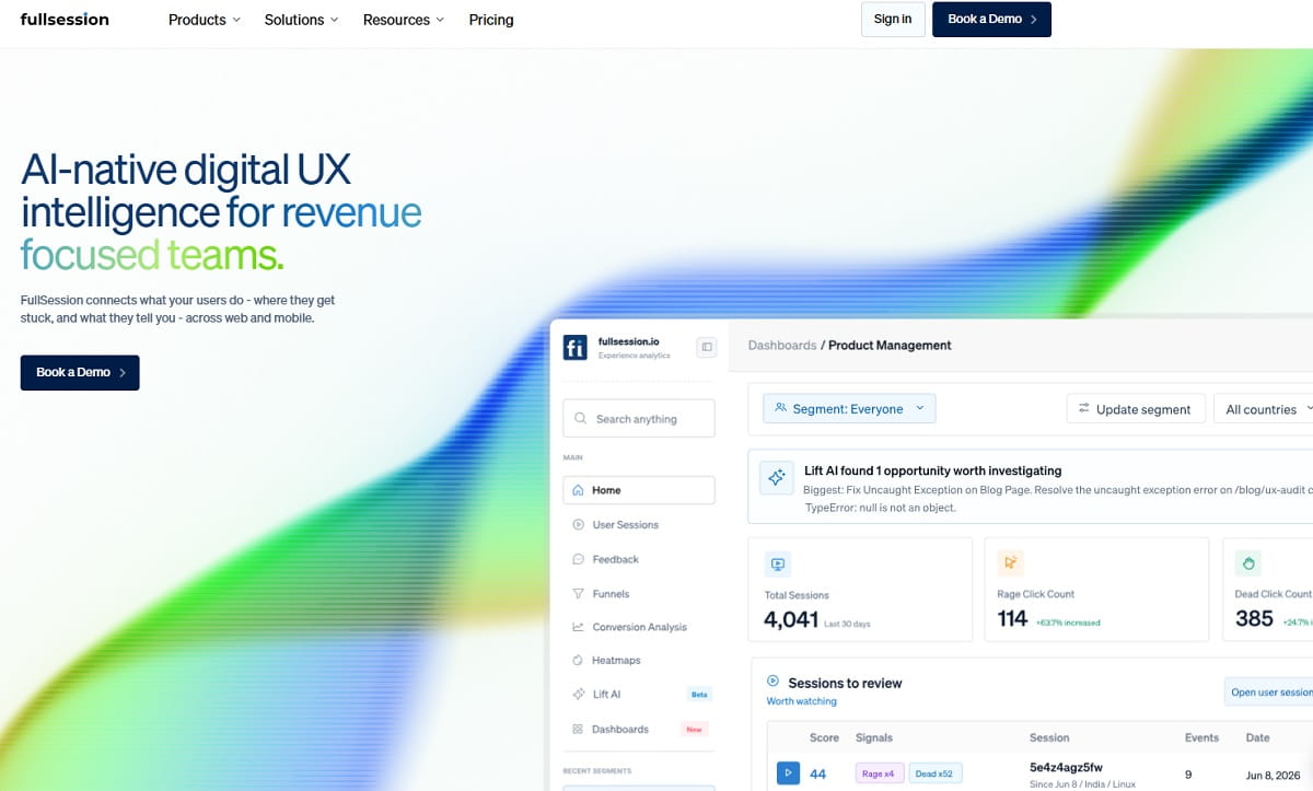 FullSession session replay dashboard with unlimited heatmaps