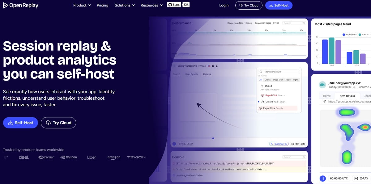 OpenReplay session replay with developer tools and application logs